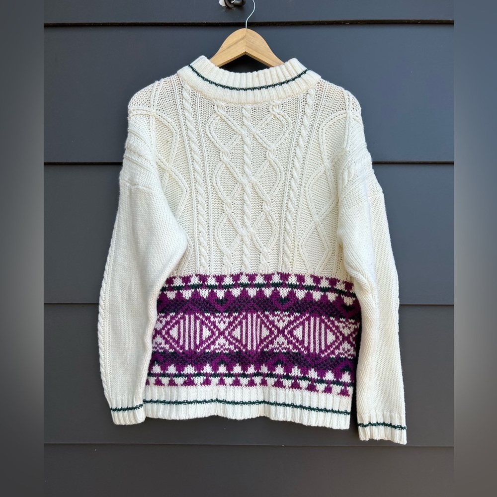 Vintage Cream and Purple patterned Sweater with Cables - L